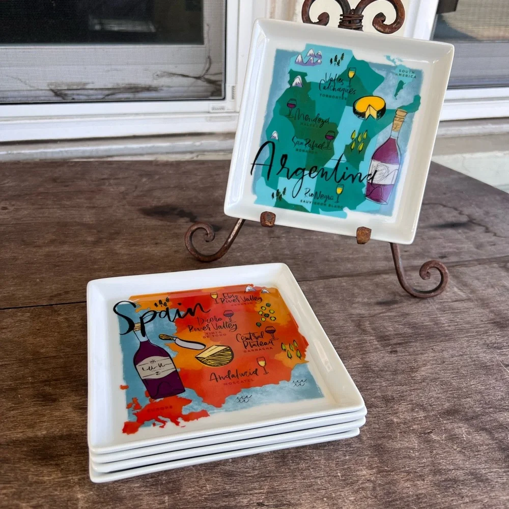 Crate and Barrel Square 6x6 Wine Countries Appetizer Snack Plates Tapas Set of 5